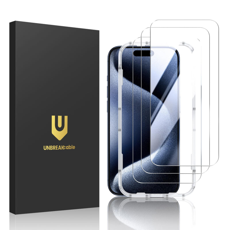 UNBREAKcable Shatterproof Tempered Glass Screen Protector for iPhone 15 Pro Max [3-Pack][Easy Installation Frame] [9H Hardness] [99.99% HD Clear] [Bubble Free] for Apple 6.7” iPhone 15 Pro Max-6.7 Inch