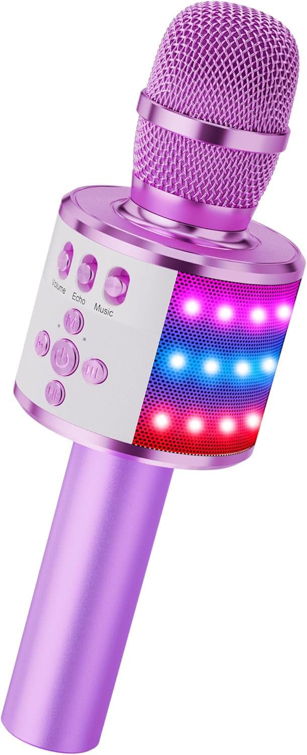 BONAOK Karaoke Microphone for Kids & Adults - Bluetooth Microphones Singing Mic with Disco Lights, Echo Effect, Built-in Speaker Portable Karaoke Player for Party Travel Gifts Q78(Light Purple) Light Purple