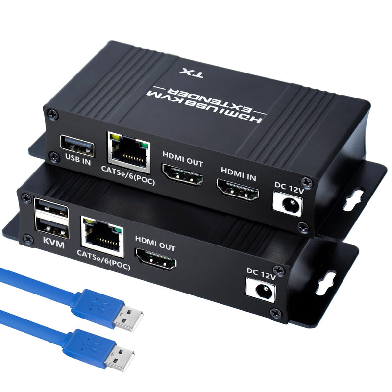 164ft HDMI KVM USB Extender (Transmitter + Receiver) | HDMI to RJ45 Over Cat5e/6/7, Zero Latency 1080p@60Hz USB Keyboard/Mouse Control, Single Power Plug & Play