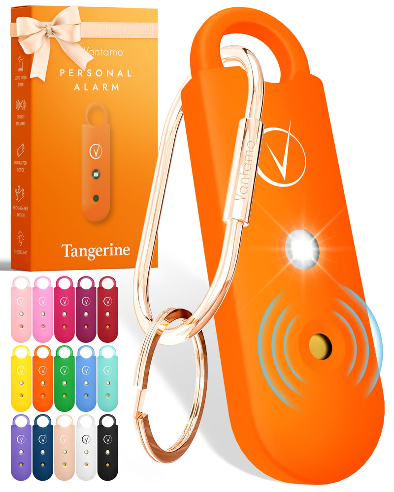 Vantamo Personal Alarm for Women - Extra Loud Double Speakers, First with Low Battery Notice with Strobe Light, Rechargeable - Safety Alarm Keychain (Tangerine) Tangerine