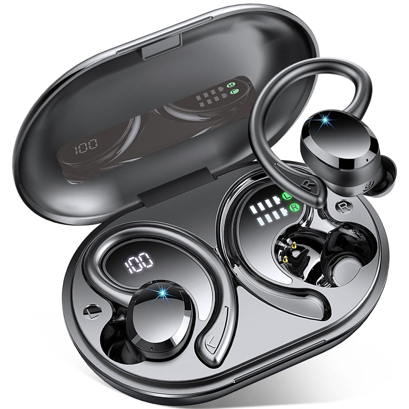Wireless Earbuds Bluetooth Headphone Sport, 2024 Bluetooth 5.3 Earbud 14.2mm Driver Stereo Over Ear Buds, 48Hrs Earphone with Earhook, Noise Cancelling Mic, IP7 Waterproof Headset for Workout/Running 800 mAh Black