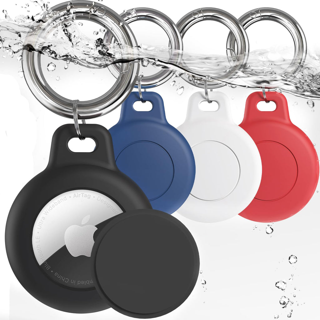 (4 Pack) IPX8 Waterproof AirTag Keychain Holders for Apple AirTag,with Silicone Air Tag Case,Key Ring,Chain and Compatibility with GPS Item Finders - Essential Accessory Red+White+Dark Blue+Black Silicone material