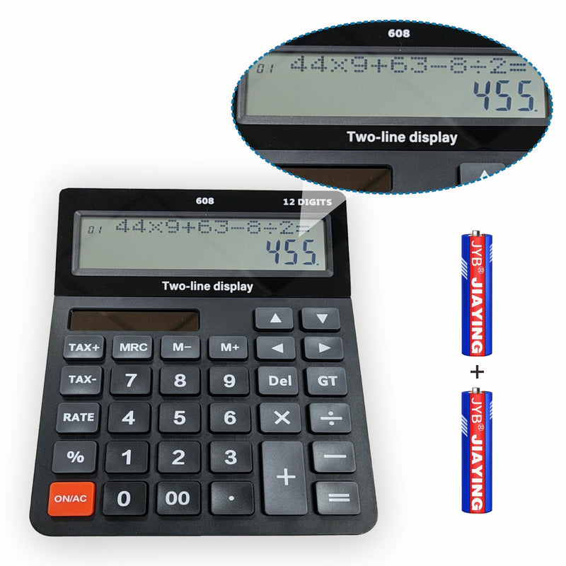 DECKLIT Battery and Solar Unique 120-Step Calculation Check 12 Digit 2 Line Extra Large Calculator Big Buttons and 5.5" LCD Display, Configurable Tax Rate Financial Calculator for Tax Calculations 2 line black