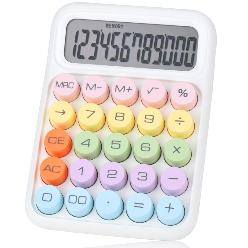 Mechanical Pushbutton Calculator,12 Digit Large LCD Display,Big Buttons Easy to Press,Colorful Candy Calculator,Automatic Sleep,with Battery.for Office,School, Home. (White) white