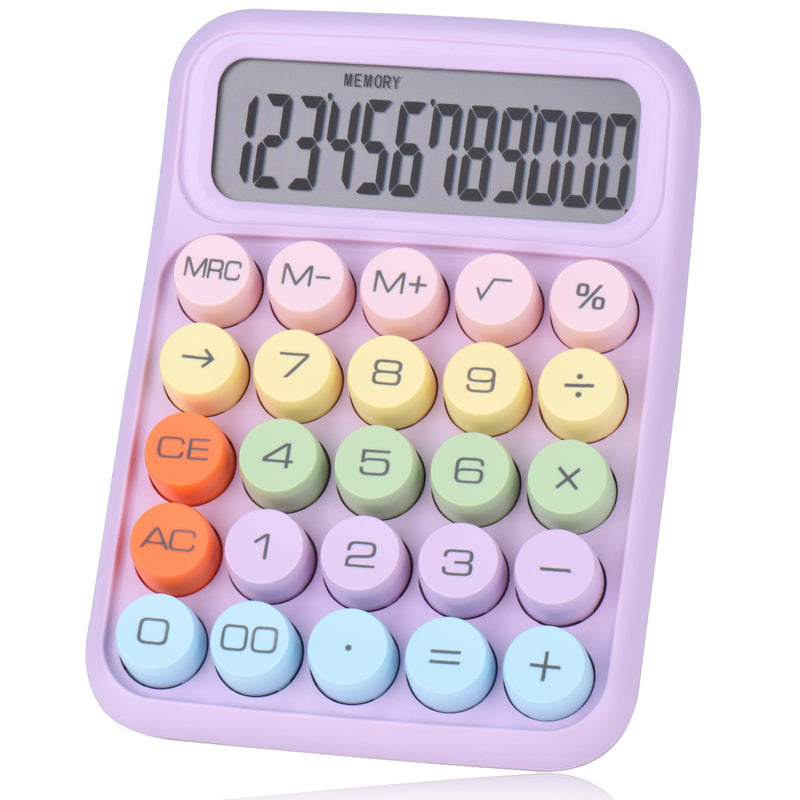 Mechanical Pushbutton Calculator,12 Digit Large LCD Display,Big Buttons Easy to Press,Colorful Candy Calculator,Automatic Sleep,with Battery.for Office,School, Home. (Purple) purple