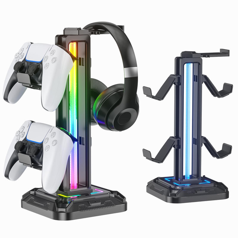 [AUSTRALIA] - KDD RGB Headset Stand with 9 Light Modes - Controller Holder for Desk - Rotatable Headphone Stand & Detachable Controller Hook for PC Earphone Accessories(Black) Black 