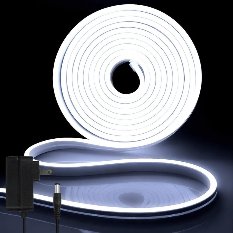 [AUSTRALIA] - iNextStation 12V White LED Strip Lights 16.4FT/5M, IP65 Waterproof Silicone Neon Light Strip, Flexible Led Rope Lights for DIY, Cuttable, LED Light Strip for Bedroom, Indoor, Outdoor(with Plug) 16.4FT With Adapter 