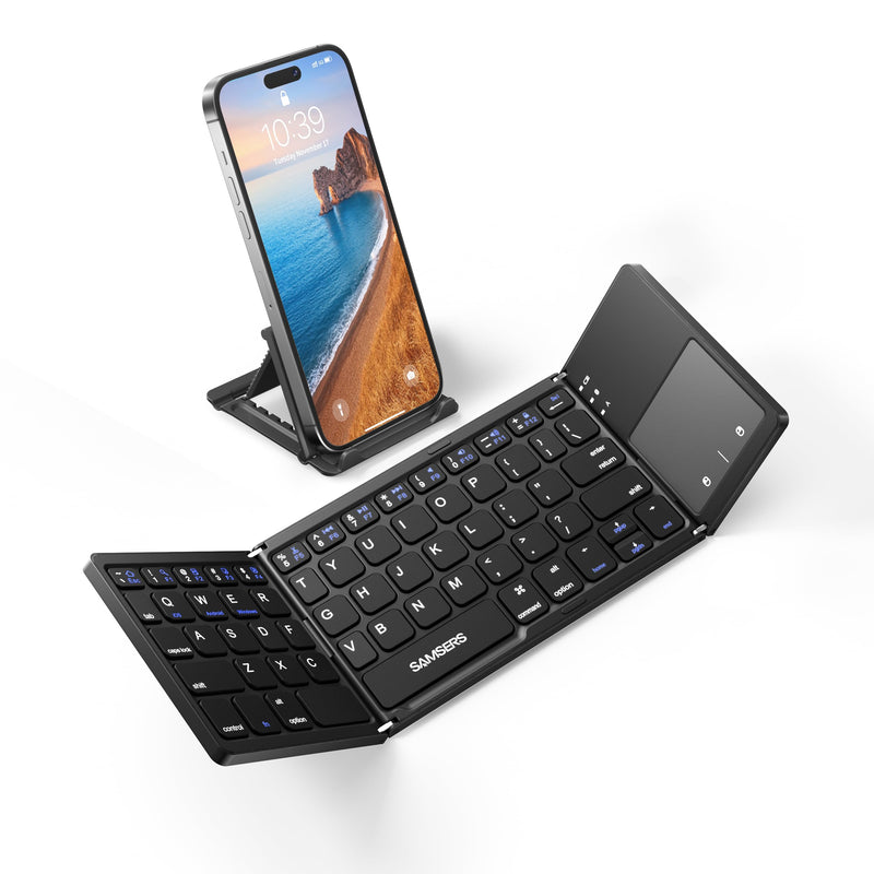 Samsers Foldable Bluetooth Keyboard with Touchpad - Portable Wireless Keyboard with Holder, Rechargeable Full Size Ultra Slim Pocket Folding Keyboard for Android Windows iOS Tablet & Laptop - Black BT x 1