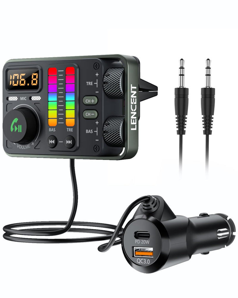 [AUSTRALIA] - LENCENT Bluetooth Car Adapter, Bluetooth 5.3 FM Radio Transmitter with Hi-Fi Treble & Bass Music Player, PD20W and QC18W Fast Charger, Dual Mics for Hands-Free Call, Siri & Google, U Disk/3.5mm AUX 
