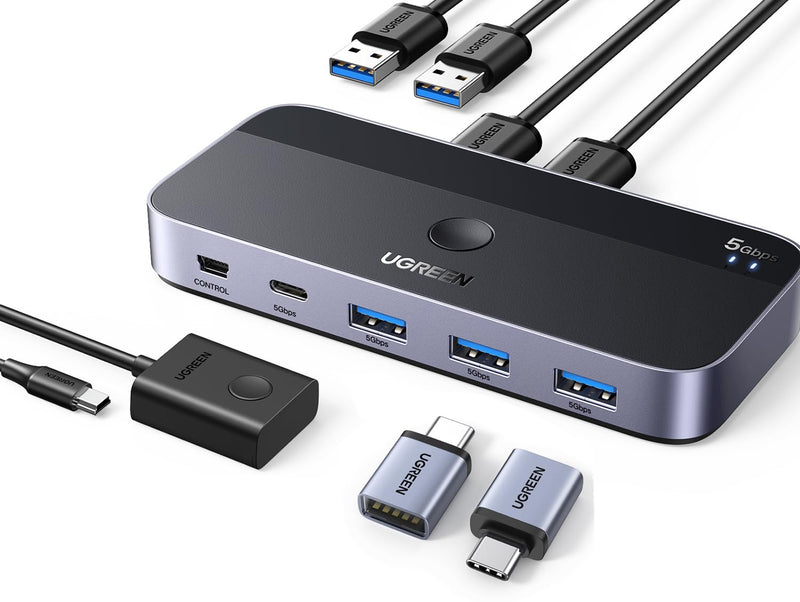 UGREEN USB 3.0 Switch 2 Computers Sharing USB C & A Devices Bundle with USB to USB C 3.0 Adapter 2 Pack