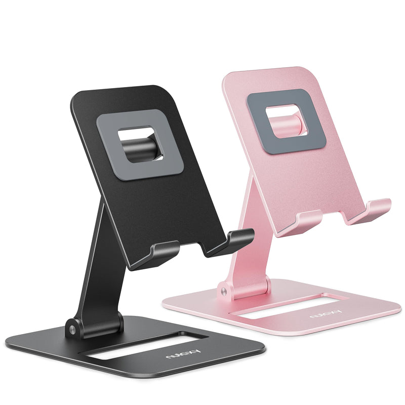 Nulaxy 2 Pack Dual Folding Cell Phone Stand, Fully Adjustable Phone Holder for Desk, Compatible with iPhone 15 14 13 12 11, Nintendo Switch, All Phones, Black & Rose Gold A-Black & Rose Gold