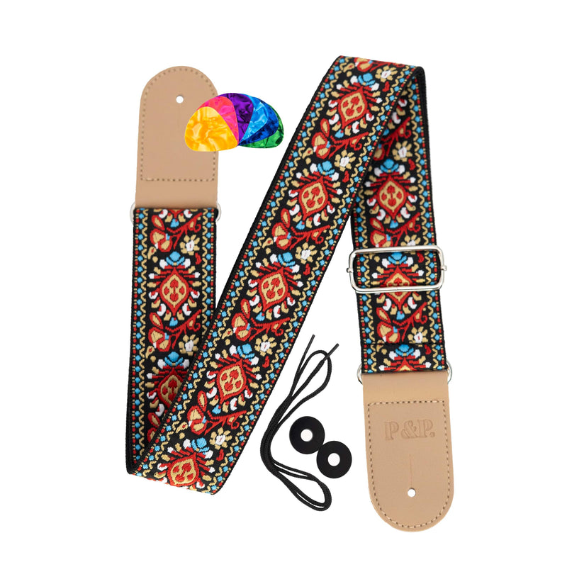 P&P Music Embroidered Guitar Strap w/Locks & Picks - Adjustable, Comfortable, Durable. Fits Electric, Acoustic, Bass Guitars Crimson