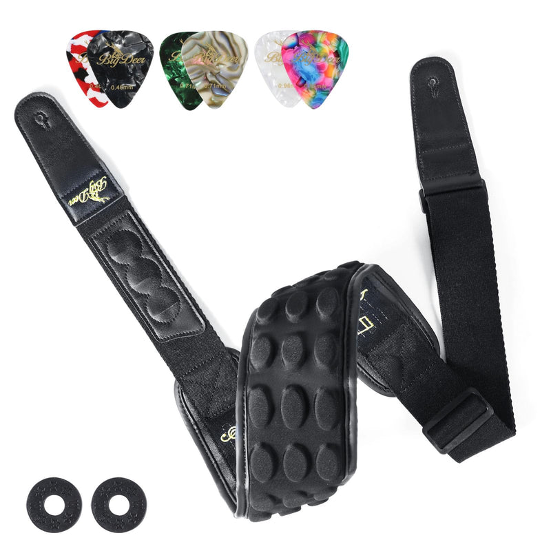 BigDeer pure black bass guitar strap for heavy bass and guitar, 3.35 "wide 3D sponge filled and neoprene material A-gold Embroidery A- 50" to 60"