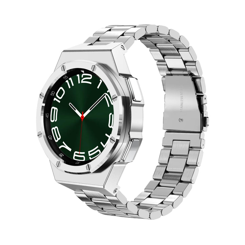 Luxury Case Designed for Samsung Galaxy Watch 6 Classic 47mm 2023, Rugged Military Protective Metal Bumper Case with Tactical Stainless Steel Band for Men, Silver 47mm for Watch 6 Classic