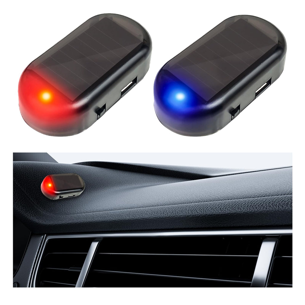 2PCS Car Solar Power Simulated Dummy Alarm, Anti-Theft LED Flashing Security Light Fake Lamp with USB Charger Port, Universal Automotive Warning Accessories for Most Cars