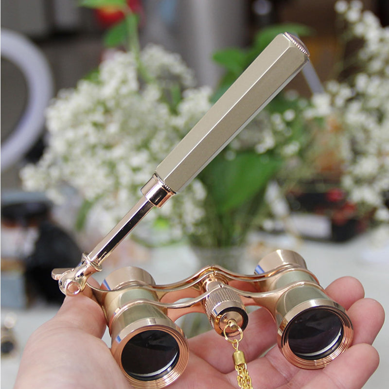 Yourelexit® Opera Glasses Binoculars 3X25 Lorgnette Theater Glasses Optical BK9 Mini Compact Lightweight Built-in Foldable Adjustable Handle Vintage for Adults Women Men in Musical Concert Cinema Gold With Handle and Neck Chain