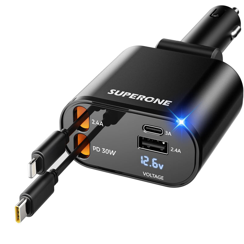 【Upgraded】 SUPERONE Retractable Car Charger 4 in 1, Fast Car Phone Charger with Cord 2.6ft, USB C and Lightning Car Charger Adapter, Compatible with iPhone 15/15 Pro Max/14/13/12/11, Galaxy, Pixel Black