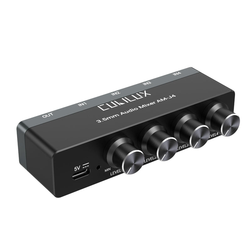 Cubilux 4-Channel 3.5mm Audio Mixer, Ultra-Low-Noise Mini Audio Mixer for Sub-Mixing, 1/8 TS/TRS Input, Stereo Switcher Suitable for Guitars, Bass, Keyboards
