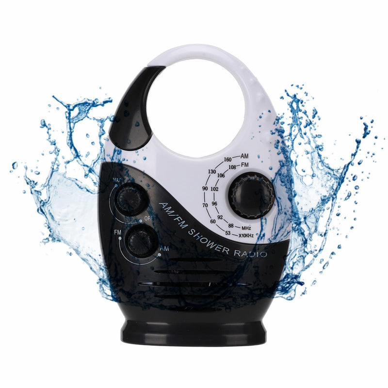 Waterproof Shower Radio, AM/FM Radio with Adjustable Volume Speakers, Battery Powered Portable Speakers with Hook Handle for Shower Rooms Bedside Tables Garages Black