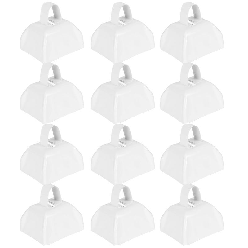 Cow Bells Noise Makers for Sporting Events: 12 Pcs Small White Cowbells with Handle Loud Bells Bulk - Metal Cheering Bell Hand Percussion for Football Games Graduation Weddings - White