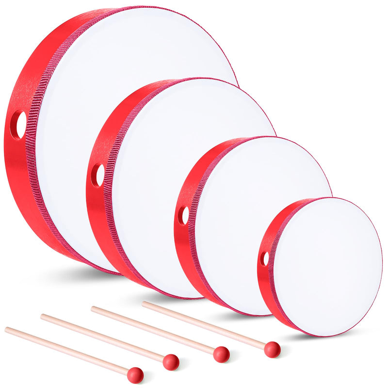 4 Pcs Kids Hand Drum Adults Wood Frame Drum Set with Drum Stick 12 Inch 10 Inch 8 Inch 6 Inch Percussion Musical Instruments for School Kids Adults Beginners Home Party Supplies (Red) Red