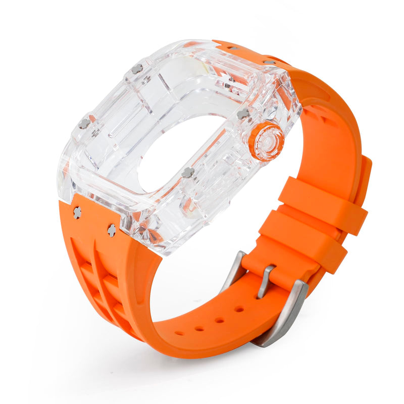Luxury Transparent Case with Fluororubber Band for Apple Watch 45mm, Crystal Clear Full Protection for iWatch Series 9/8/7 TRN+Orange Pin
