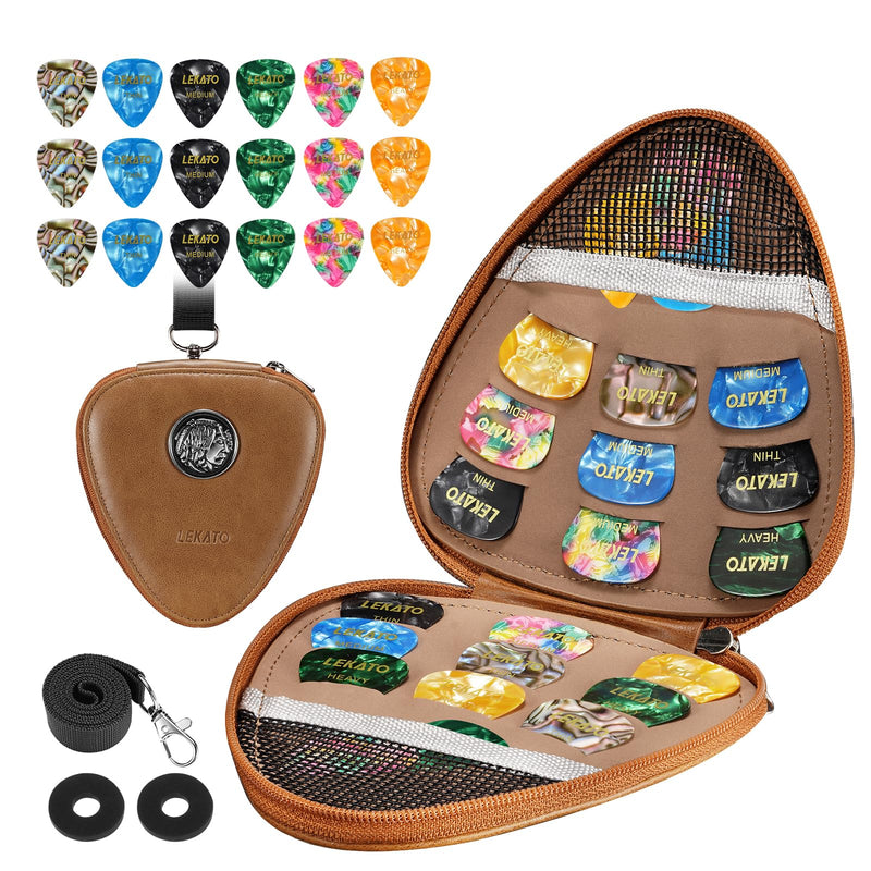 LEKATO Guitar Picks Holder Case with 18 Pcs Picks, PU Leather Organizer Bag with Lanyard, Thin Medium Heavy Plectrums Holder Accessories for Acoustic Electric Guitar Bass, Gift for Guitar Players Brown