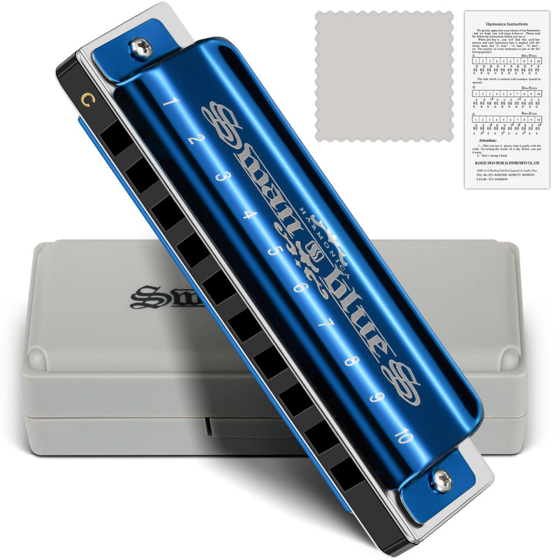 SWAN Blues Harmonica C Key for Kids Adults, 10 Hole Diatonic Harmonica Key of C Brass Reed Blues Harp for Beginners Students, Metal Mouth Organ in Stainless Steel C Major, Black Swan Ocean Blue 10-hole blues (Black Swan Series) C key Blue