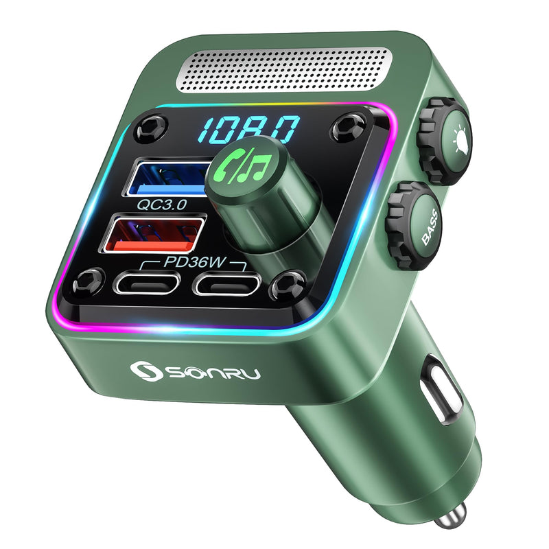 [AUSTRALIA] - Bluetooth 5.3 FM Transmitter Car Adapter - SONRU Car Charger 54W [PD 36W & QC3.0 18W], Wireless FM Radio Transmitter [HiFi Treble & Bass Player], 5 Colors LED Backlit, Hands-Free Calling, U-Disk Green 