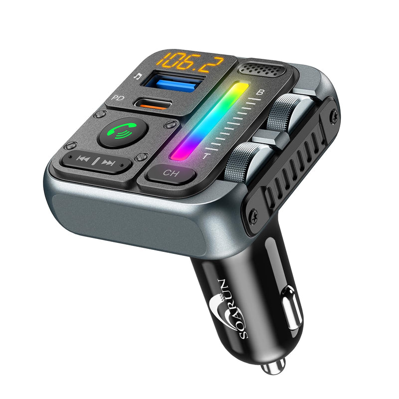 [AUSTRALIA] - Bluetooth Car Adapter - Bluetooth 5.3 FM Transmitter, PD 45W & QC3.0 12W Fast Car Charger, Wireless FM Stereo Radio Music Adapter [Hi-Fi Bass/Treble Roller], Hands-Free Calling/U-Disk Grey 