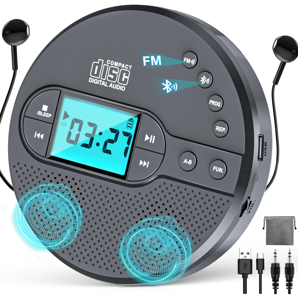 2000mAh Rechargeable Discman CD Player:Walkman CD Player with Bluetooth FM Transmitter,Headphones,LCD Screen,AUX,Built-in Speaker,USB-Portable Personal CD Player Anti-Skip Protection for Car CD35 Grey