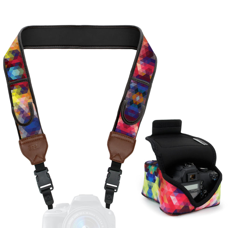 USA Gear Camera Sleeve (Geometric) + Camera Neck Strap (Geometric) - Bundle