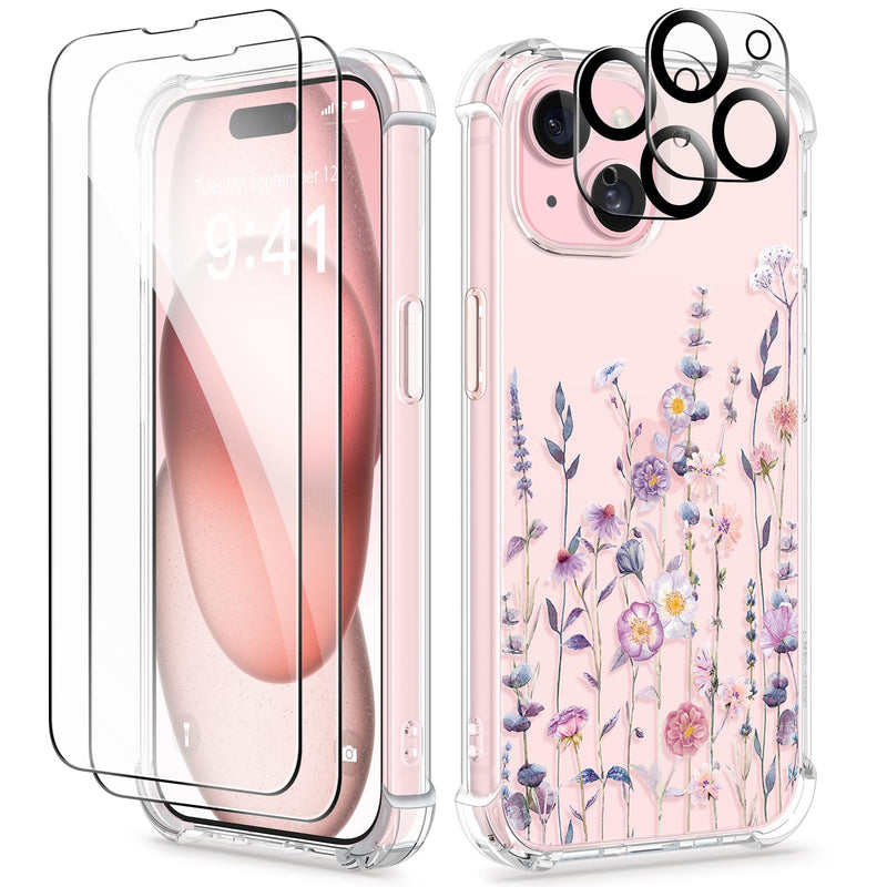 GVIEWIN for iPhone 15 Case, [5 in 1] with 2X Screen Protector & 2X Camera Lens Protector, Clear Soft Shockproof Slim Fit Floral Phone Cover for Women Girls 2023 6.1" (Floratopia/Colorful) iPhone 15 (6.1 inch) Floratopia/Colorful