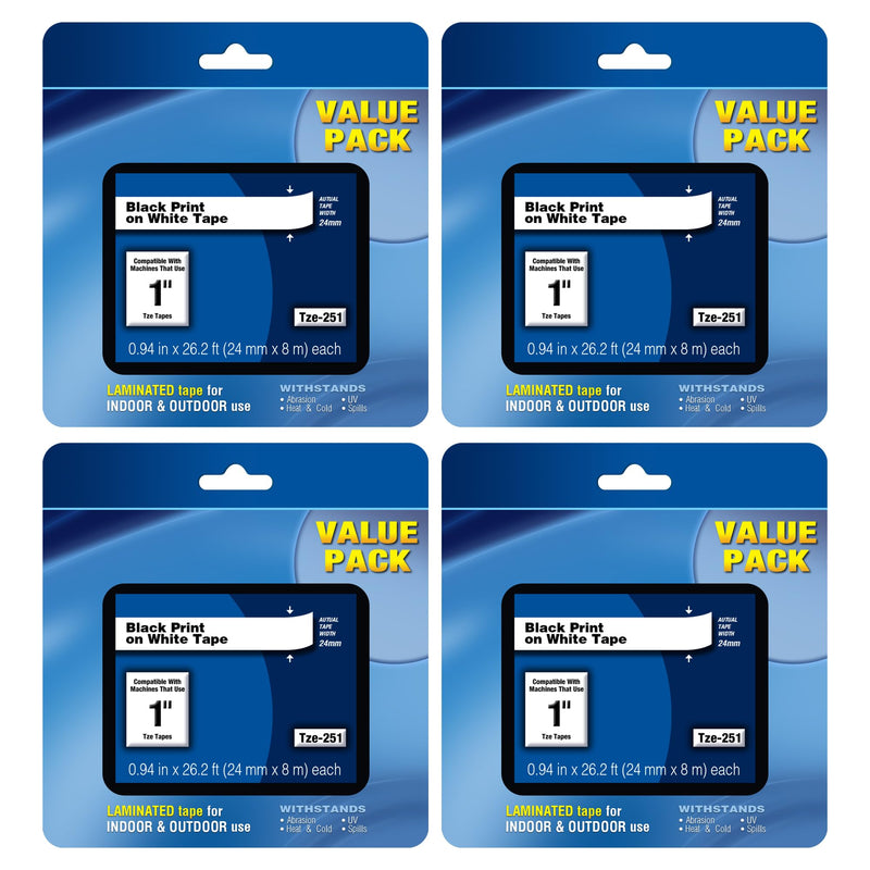 [AUSTRALIA] - Tze-251 24mm Label Tape Replacement for Brother P Touch TZe TZ Label Tape 24mm 0.94 Laminated Label Tape for Ptouch PTD400 PTD410 PT-D610BT PTD460BT, Black on White, 4 Pack 