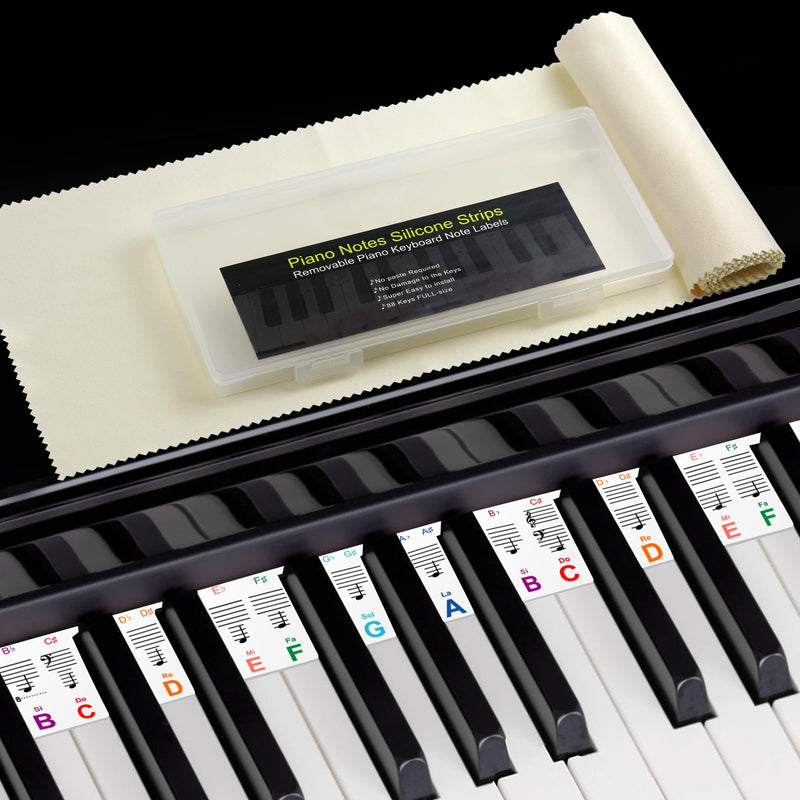 Removable Piano Keyboard Notes Labels, Piano Keyboard Stickers,Piano Key Stickers for Beginner 88/76/61/54/49/37 Key, Made of Reusable Silicone Comes with a Dust Cover and Box Multicolor 88-multicolor