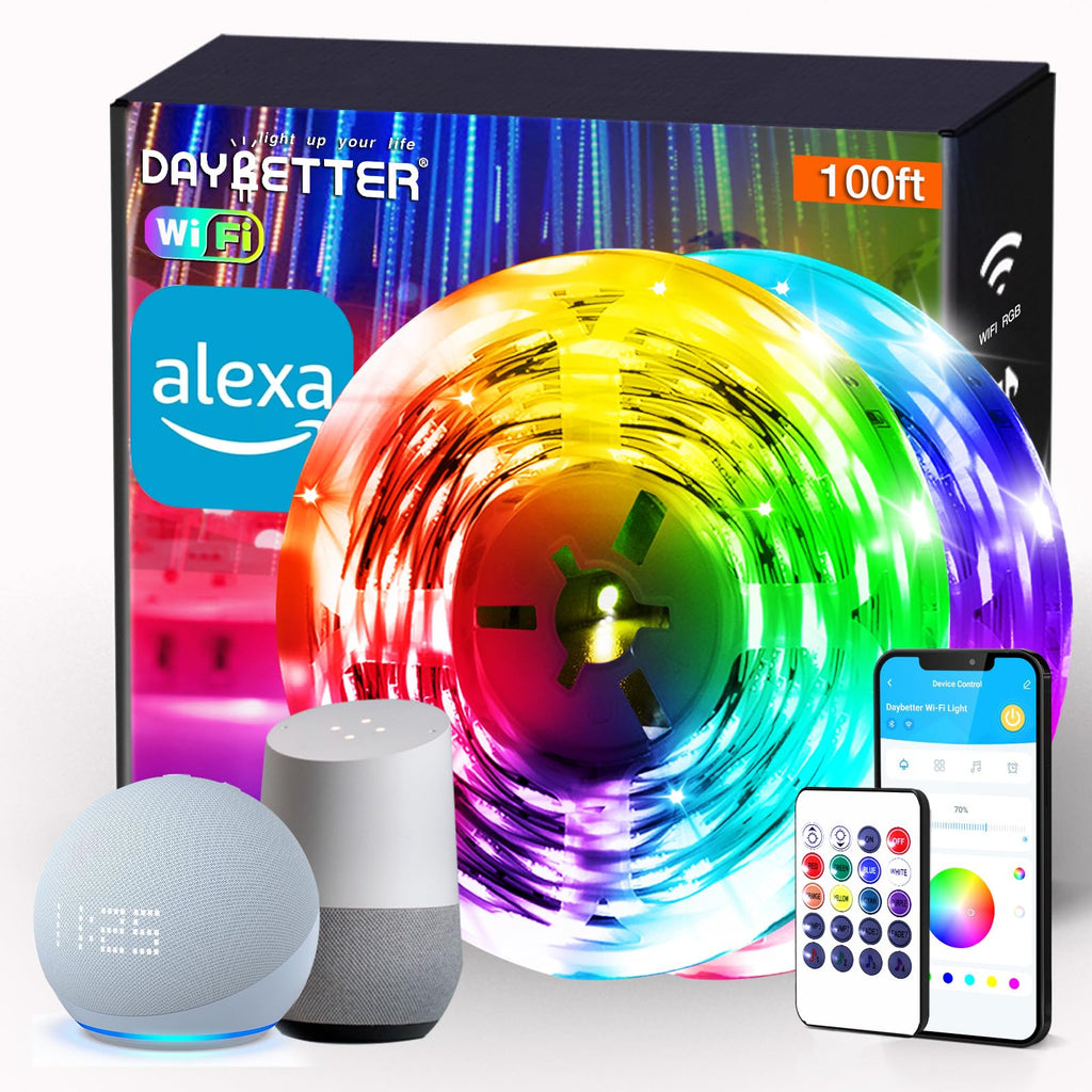 DAYBETTER Smart WIFI Led Lights 100ft - Led Strip Lights Work with Alexa and Google Assistant RGB Strip Lighting Music Sync Color Changing with App Voice Remote Control for Room Bedroom Decor 50ft*2