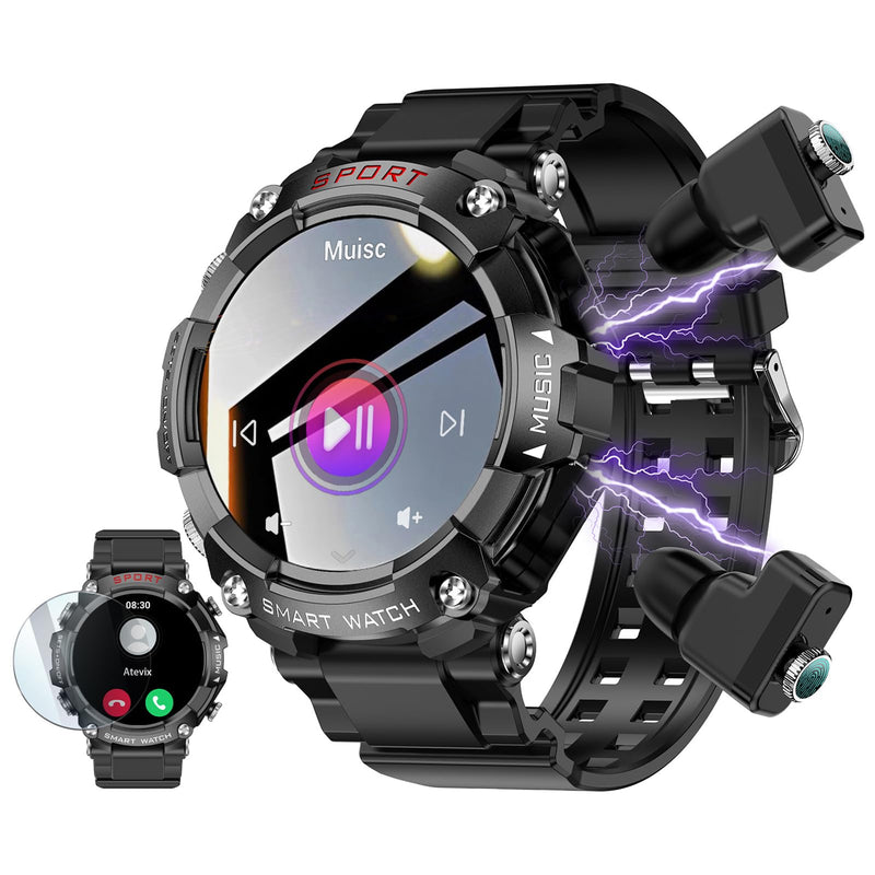 Smart Watch with Earbuds for Men, Smart Watches for Android Phones, Bluetooth Calling can Answer and Make Calls, Military Resistant Fitness, Sports Fitness Tracker with Step,Heart Rate black