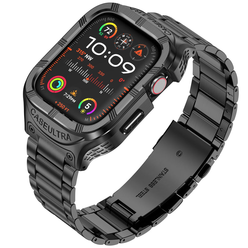 Caseultra Stainless Steel Case/Band Compatible for Apple Watch Ultra Band 49mm 45mm 44mm 42mm,Rugged Metal iwatch Case and Strap for Men Series 9 8 7 6 5 4 3 2 1 Ultra/Ultra 2 Black 45mm/44mm/42mm