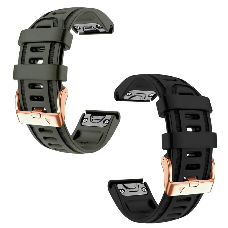 20mm Watch Band Replacement for Garmin fenix 5S/5S Plus/6S/7S/Instinct 2S/D2，Quick Fit silicone with rosegold buckle, ARMYGREEN and BLACK Bundle