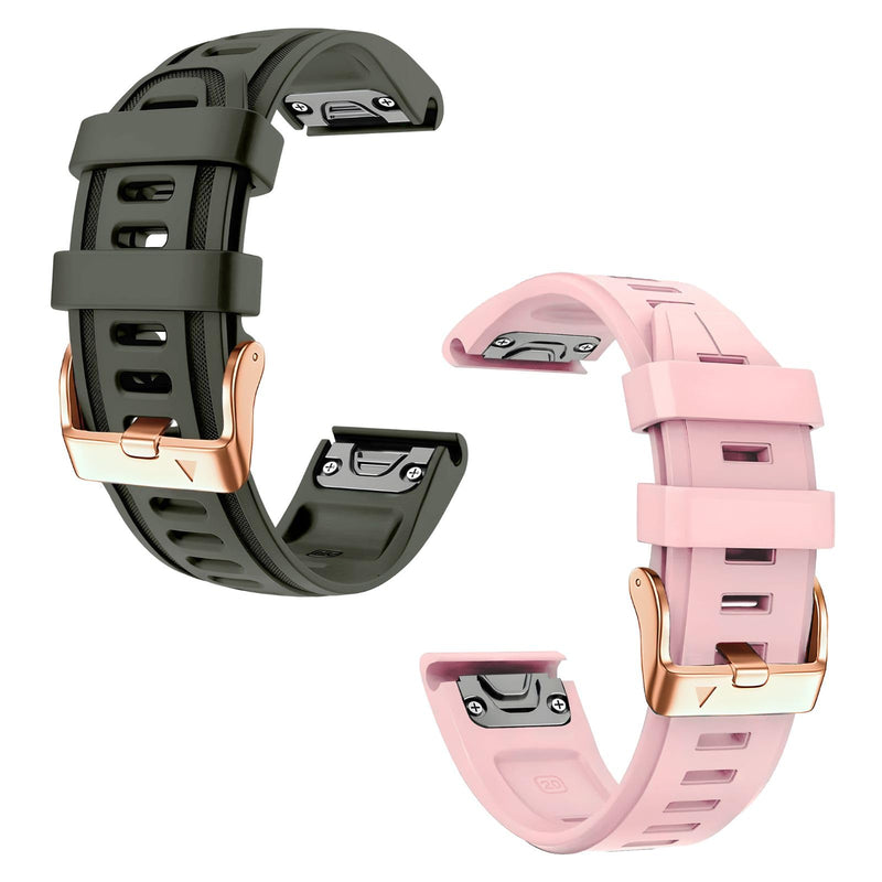 20mm Watch Band Replacement for Garmin fenix 5S/5S Plus/6S/7S/Instinct 2S/D2，Quick Fit silicone with rosegold buckle, ARMYGREEN and NICEPINK Bundle