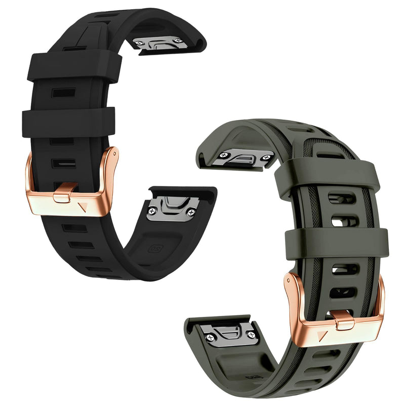 20mm Watch Band Replacement for Garmin fenix 5S/5S Plus/6S/7S/Instinct 2S/D2，Quick Fit silicone with rosegold buckle, BLACK and ARMYGREEN Bundle