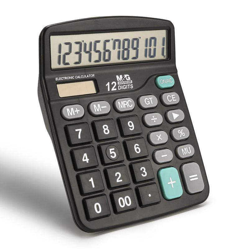 M&G Desk Calculator 12 Digit Office Calculators with Large LCD Display, Dual Solar Power and Battery, Recessed Big Button Calculator for Office Home School (Black) Basic