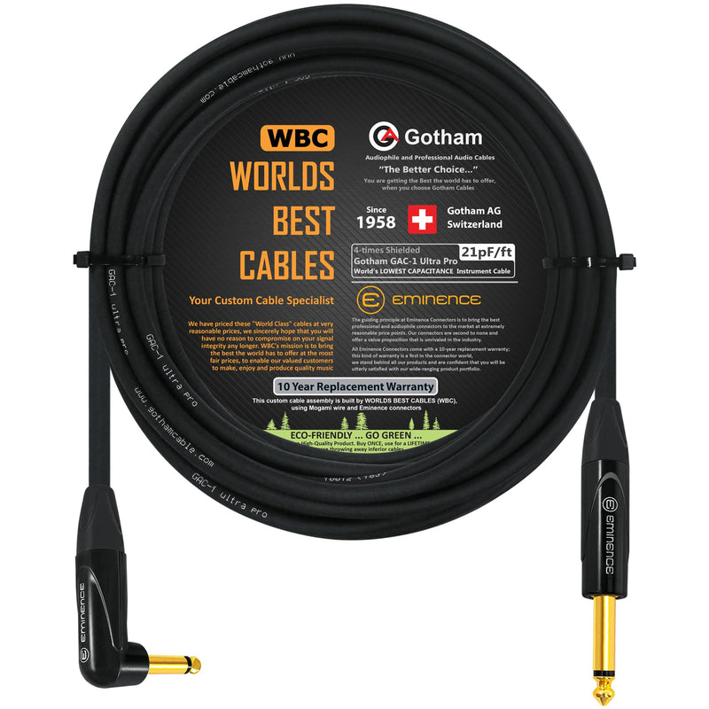20 Foot - Gotham GAC-1 Ultra Pro - Premium, Low-Capacitance Guitar Bass Instrument Cable - with Straight to Angled 1/4 Inch Eminence Gold Plated Connectors