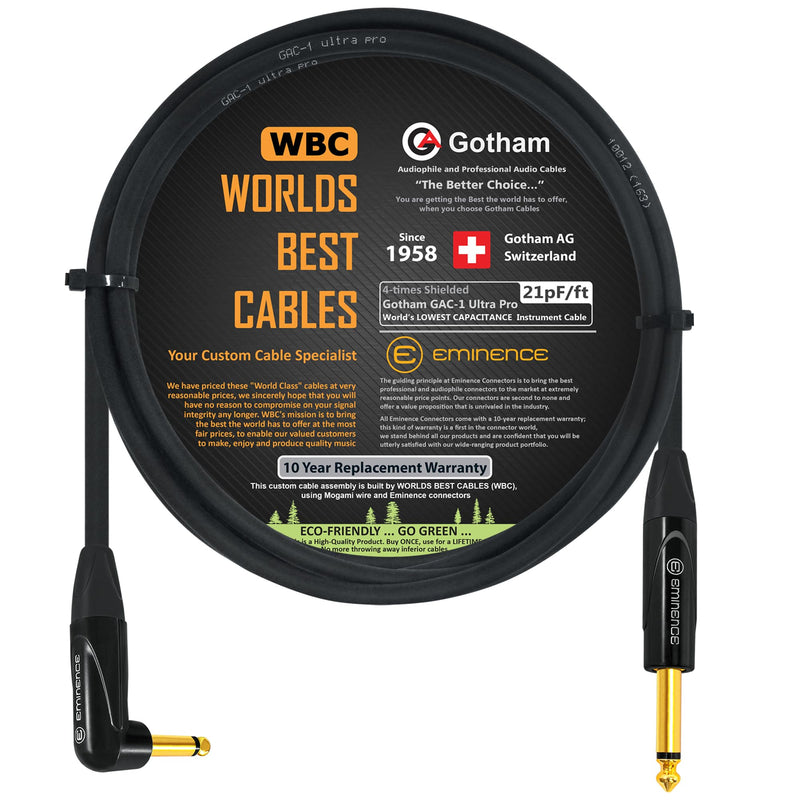 6 Foot - Gotham GAC-1 Ultra Pro - Premium, Low-Capacitance Guitar Bass Instrument Cable - with Straight to Angled 1/4 Inch Eminence Gold Plated Connectors