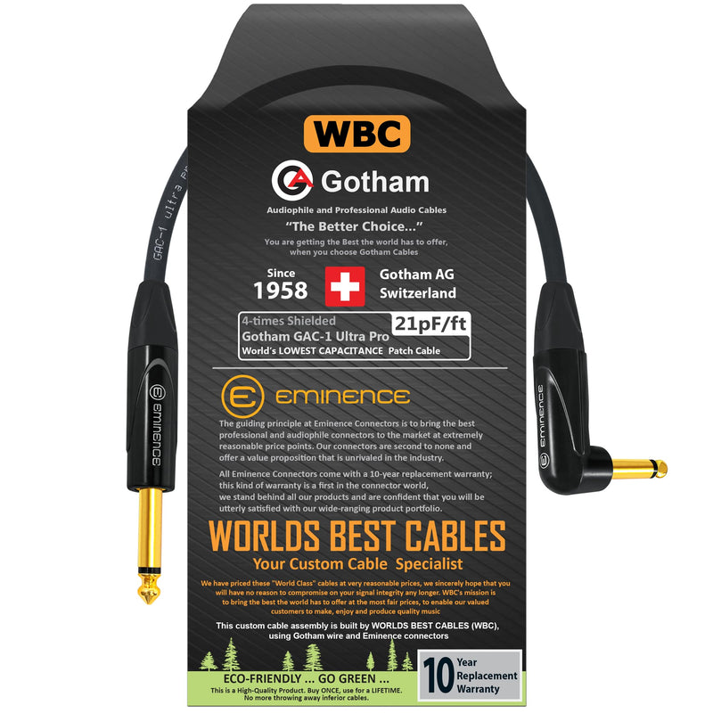 1 Foot - Gotham GAC-1 Ultra Pro - Premium, Low-Capacitance Guitar Bass Instrument Cable - with Straight to Angled 1/4 Inch Eminence Gold Plated Connectors
