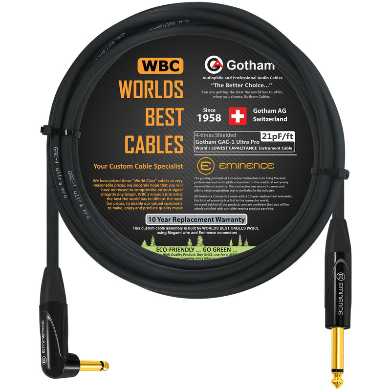 10 Foot - Gotham GAC-1 Ultra Pro - Premium, Low-Capacitance Guitar Bass Instrument Cable - with Straight to Angled 1/4 Inch Eminence Gold Plated Connectors