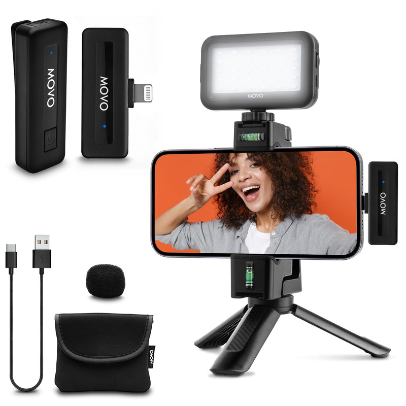 Movo VSK3 Wireless Vlogging Kit for iPhone: YouTube Starter Kit for Content Creators with Wireless Microphone, LED Light, Hand Grip & Mini Tripod - iPhone Vlogging Kit