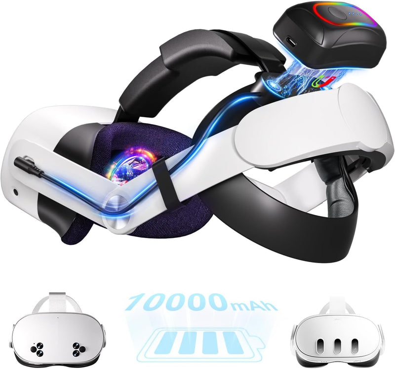 Saqico 10000mAh Magnetic Battery Head Strap Compatible with Meta Oculus Quest 2/3/3S, Cool RGB Battery Pack & Easy to Replace Extend VR Playtime-Premium Comfort & Adjustable, Reduce Facial Stress 10000mAh magnetic heastrap for quest 2/3/3S