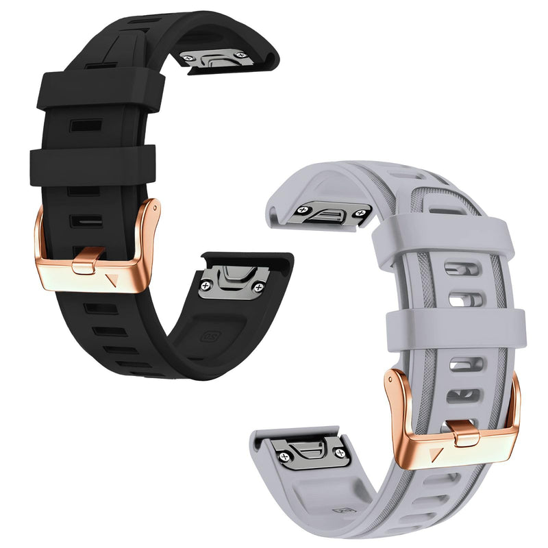 20mm Watch Band Replacement for Garmin fenix 5S/5S Plus/6S/7S/Instinct 2S/D2，Quick Fit silicone with rosegold buckle, BLACK and GREY Bundle