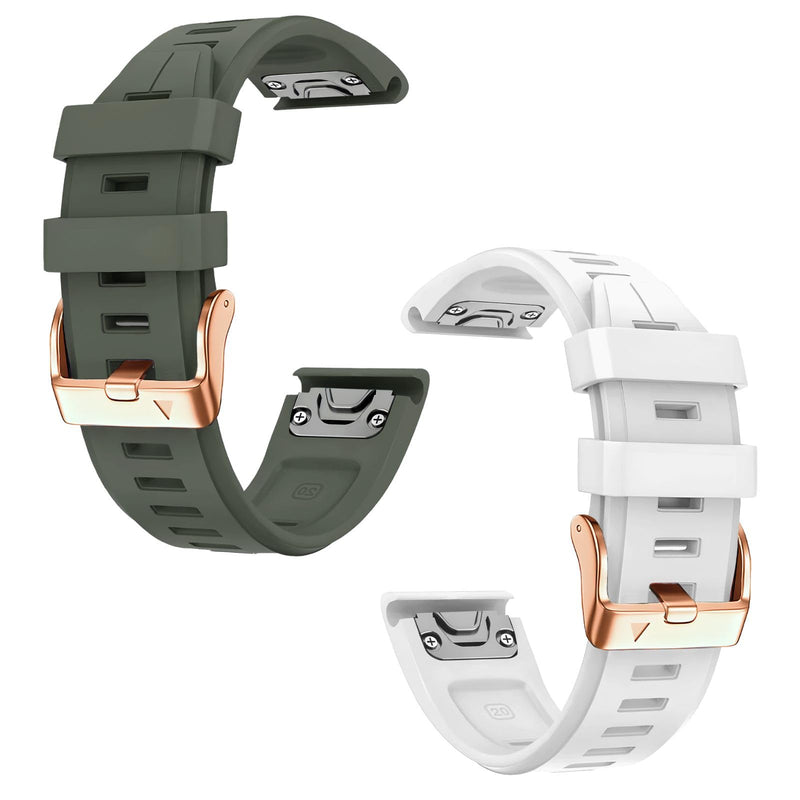 20mm Watch Band Replacement for Garmin fenix 5S/5S Plus/6S/7S/Instinct 2S/D2，Quick Fit silicone with rosegold buckle, ARMYGREEN and WHITE Bundle